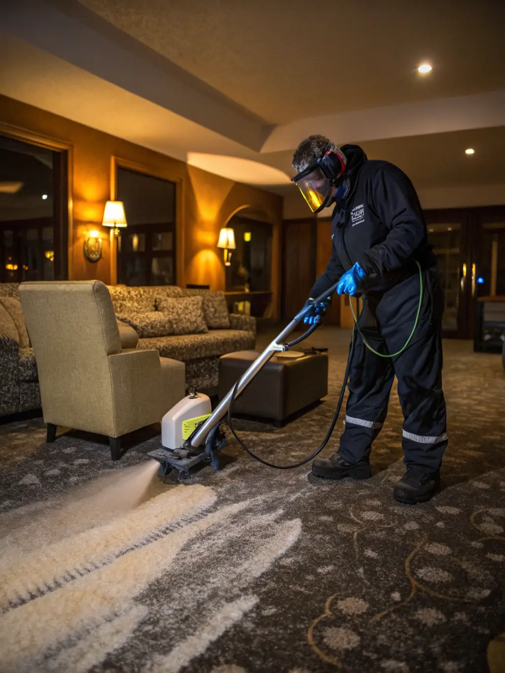 A high-resolution image depicting a technician using a powerful truck-mounted carpet cleaning machine on a heavily stained carpet in a Brisbane home, showcasing the initial stage of stain removal.
