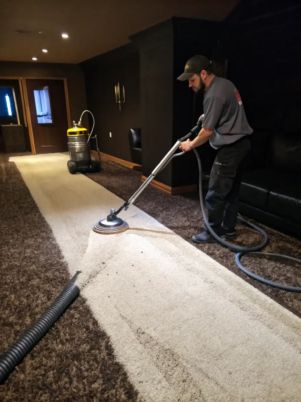 A photo of a powerful extraction machine removing water and cleaning solution from a carpet, demonstrating the final stage of the cleaning process.